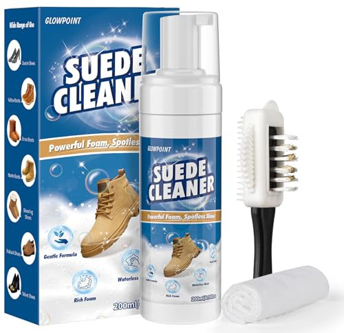 GLOWPOINT Suede and Nubuck Cleaner, 200ml Shoe Cleaning kit with 3-Sided Suede Brush & Towel, Suede Shoe Cleaner Foam Removes Dirt & Stain for Suede, Nubuck, Leather, Knit, Boots, Sneaker, Sandals