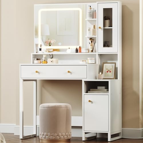 HOOBRO Toeletta con Specchio, Postazione da Trucco con Luce LED a 3 tonalità Regolabili, Cassetti e Scaffali, Vetrina in Vetro, Moderno, Struttura Metallica, per Camera da Letto, Bianco EWT90DSZ01
