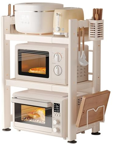 Support réglable à 2 étages pour micro-ondes avec grille pain extensible pour comptoir de cuisine avec crochets, porte-couteaux et baguettes