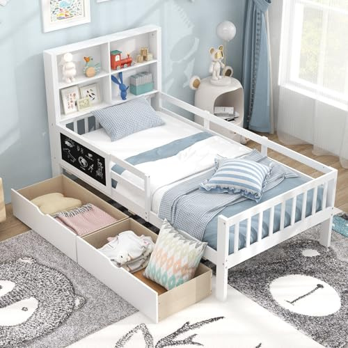 COSTWAY Wooden Kids Bed Frame with 2 Storage Drawers, Bookcase Headboard, Blackboard, Full-Length Guardrails, Double Toddler Floor Bed for Boys Girls (Single)