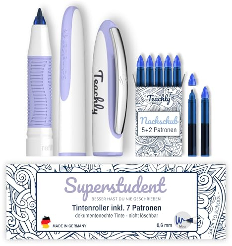 Teachly Tintenroller Superstudent (Flieder) - inkl. 7 blauen Patronen | Nachfüllbarer Tintenroller für Schule & Studium - Inkl. Geschenkverpackung & 7 blauen Patronen