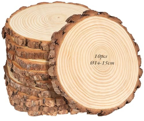 Beutrain 10er Set Holzscheiben 15 cm Durchmesser, Baumscheiben Naturholz mit Rinde, 15 mm Dick, Runde Holzscheiben zum Basteln, Ungebohrt für Lasergravur, Holzscheiben Deko, Hochzeit, Tischdeko & DIY