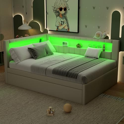 Hlcodca Full Size Daybed with Trundle and Storage, Linen Upholstered Platform Bed Sofa Bed with USB Ports and Led Belt and Wood Slat Support for Living Room, Bedroom (White/Full)