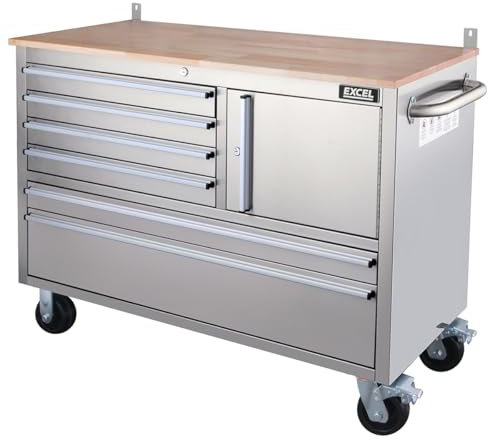 Excel Stainless Steel Tool Chest Cabinet – 6 Drawers & 1 Lockable Door, Heavy-Duty Garage Storage Organizer