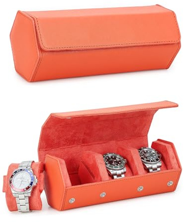 Hiram Sechseckiges Uhrengehäuse, Uhrenbox aus Saffiano-Leder für 3 Uhren, Sechseck Leder 3-Slot Uhren Schutzhülle Uhr Anzeigend Organisator für Männer (Orangefarbene)