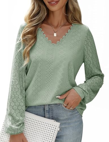 PASUDA Damblus, V-ringad långärmad elegant tunika, topp, ledig lös spetsärmar, skjortblus, casual damblusar, puffärmar, långärmad skjorta, toppar, Grågrön, XXL