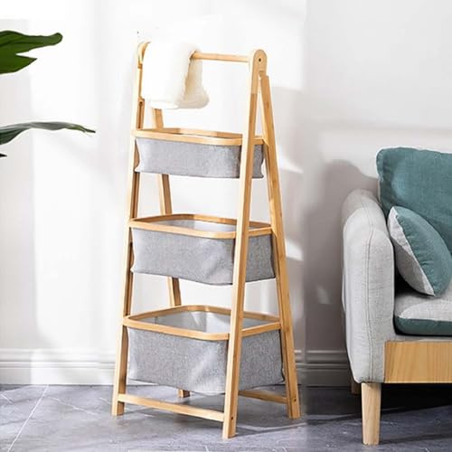 A-Frame Bamboo Laundry Basket with Towel Rack & Fabric Storage Bins, 3-Layer Dirty Clothes Organizer for Bathroom & Bedroom, Stylish Laundry Hamper Unit