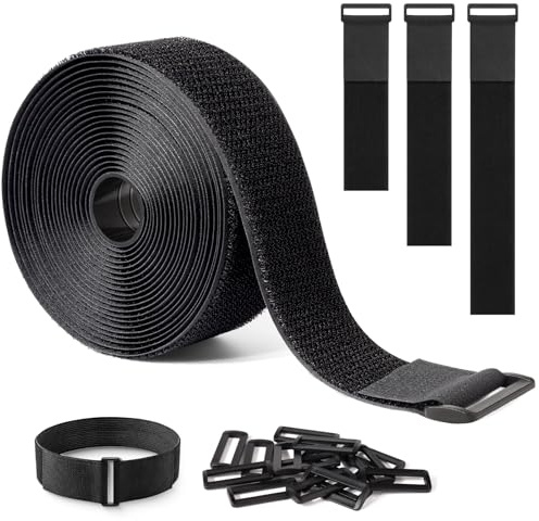 PAPAcroscoma Black Cable Velcro Straps：5cm x 5m Heavy Duty Hook and Loop Straps with 15 Buckles, Adjustable Cut-to-Length Cable Ties, Reusable Cinch Straps for Securing Cables, Hoses and More