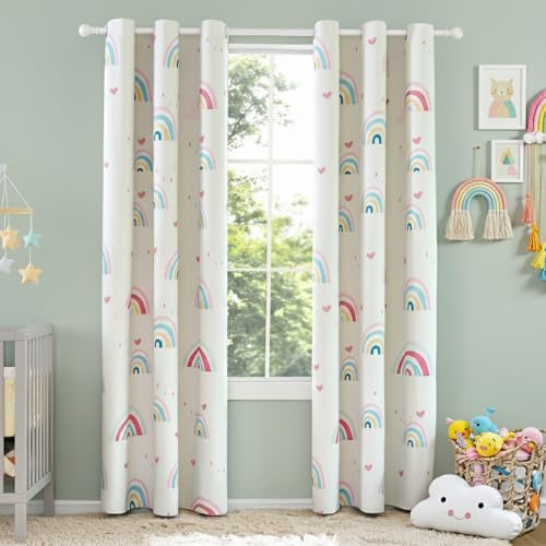 PINNKKU Blackout Boho Rainbow Curtains for Kids, 90% Blackout Curtains for Girls Bedroom Nursery, 42 x 63, Grommet Thermal Insulated Room Darkening Curtains, Set of 2 Panels (Off White)