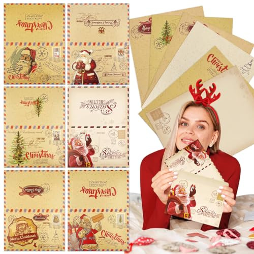 FUKPO 6 Pièces Carte Noel avec 6 Pièces Enveloppe, Enveloppe Cadeau Cartes de Voeux Noel, Christmas Cards Joyeux Enveloppes Postale Noël Pere Sapin