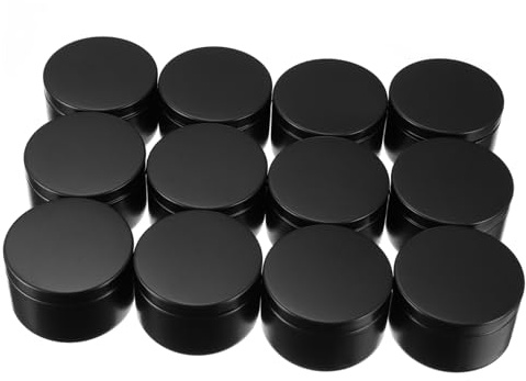 HORIALENCE Tarro De Vela Metálico De 50 Ml Negro, Set De 12 Piezas, Recipiente Redondo Reutilizable De Aluminio, Compacto y Portátil para Fabricación De Velas, Manualidades y Viajes