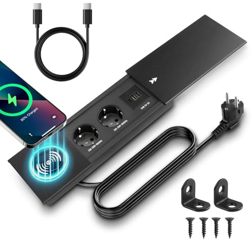 JTgugu Enchufe empotrable retráctil con Tapa, 2 enchufes, regleta USB C PD | enchufe de mesa, enchufe empotrado, para escritorio, cocina, oficina, mesa de sofá, mesa de conferencias, color negro