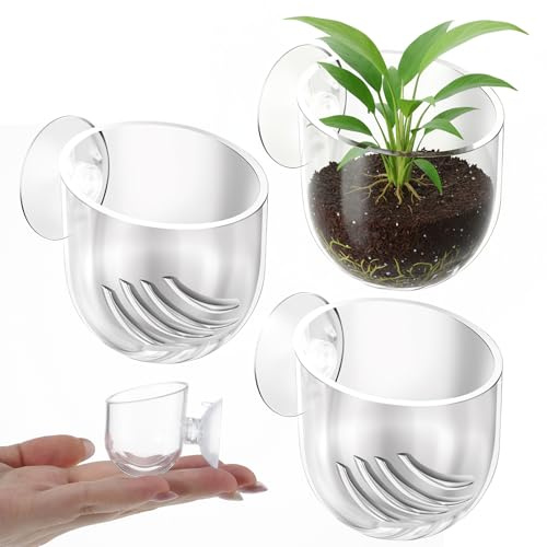 Eldraqth Suction Cup Plant Holder, 3 Pcs ABS Aquarium Plant Holder Transparent Fish Tank Plants Holder Aquatic Plants Cup for Aquascape Decoration