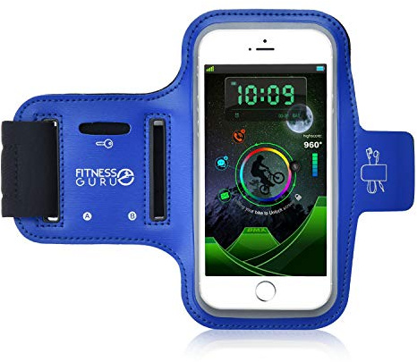 Fitness Guru Running Armband Phone Holder Compatible with iPhone X, 8, 7, 6 Samsung S9 and all Smartphones up to 5.2 inches | Phone Holder for Running, Jogging, Gym | Includes Key Holder & Earbuds Holder (Blue)