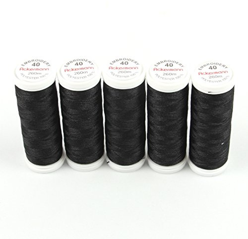 Ackermann® Embroidery (5X 260m) Maschinen STICKGARN, hochglänzendes und reißfestes Garn für die Näh- und Stickmaschine (2999 Schwarz)