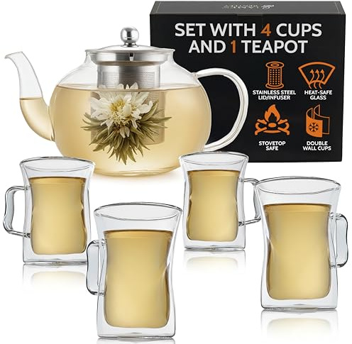 James Bentley Glass Coffee and Tea Set – Borosilicate Glass Teapot Set for Adults with 40oz Teapot & 4 Insulated Glasses, Stainless Steel Strainer for Bags and Loose Tea– Microwave, Dishwasher Safe