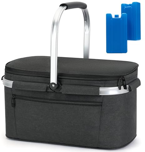 ALLCAMP Picknickkorb – 32 l isolierter Kühler, verdickter, Faltbarer Picknickkorb mit abnehmbaren Körben und eingenähtem Rahmen, Korb für Einweihungsgeschenke, neues Zuhause (Jet Black)