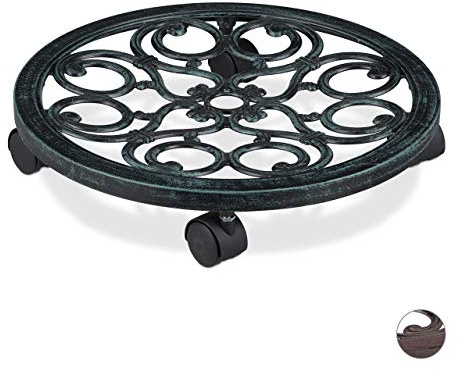 Relaxdays Pflanzenroller rund 2er Set, Metall, grün | antik, Ø 38 cm, Rolluntersetzer Blumentopf