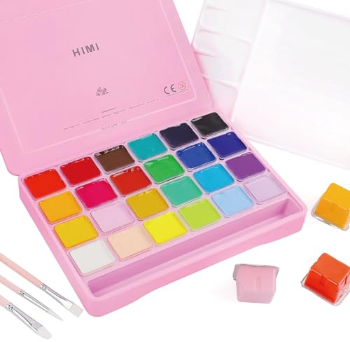 Himi - Kit de pintura gouache de 24 colores, 30 ml, pinceles no tóxicos, estuche portátil con gelatina