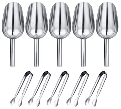 5Pcs Ice Tongs and 5Pcs Stainless Steel Measuring Scoops, Serving Tongs Food Scoops Set for Sweet Candy Coffee Ice Bucket Bar Kitchen Wedding Birthday Party
