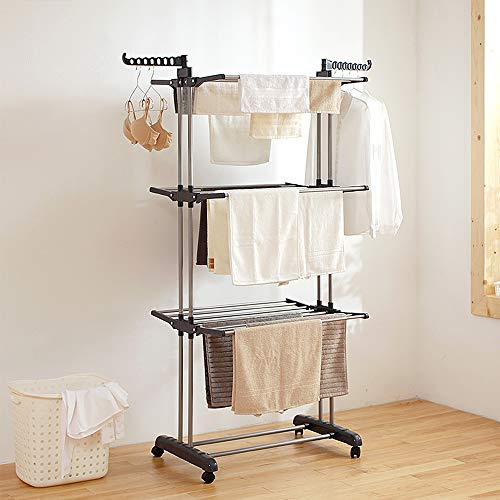 Willonin Étendoir séchoir à Linge, Sechoir à Linge étendoir Pliable Ailes latérales sur 3 Niveaux pour Usage Intérieur/Extérieur, réglable en Hauteur avec 4 Tambours (75 * 64 * 170cm/gris Argent)