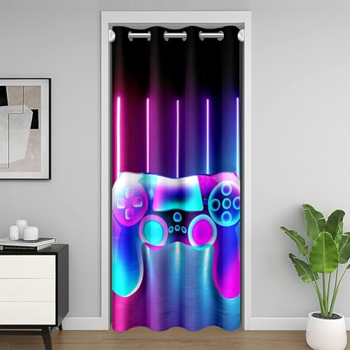 Cortina de puerta para gamer para privacidad de puerta, 86 x 203 cm, cortina decorativa para puerta de privacidad, decoración del hogar, controlador moderno de consola de juegos, arco iris, líneas de