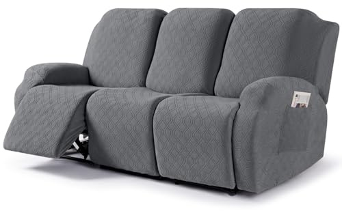 VANSOFY Recliner Cover, 3-Pieces Stretch Reclining Couch Covers with Pockets Reclining Sofa Slipcovers 3 Seater Soft Washable Furniture Protector for Dogs Cats(Dark Gray)