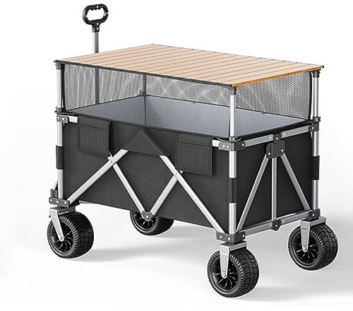 WRJAHCG Bollerwagen Faltbar,Schwarz Garten Handwagen Breite Reifen Transportwagen Offroad-Doppelbremsrad Und Verstellbarem Griff Klappbares Tischbrett Campingwagen Tragfähigkeit 225Kg