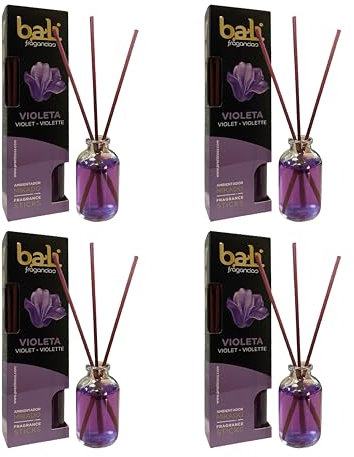 Pack de 4 Bali fragancias Ambientador Mikado VIOLETA Difusor con varillas de ratán para tu salón, comedor o cualquier estancia de tu hogar, fragancias seleccionadas, Aromaterapia, Perfumado (30 ml)