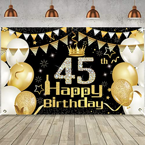 XZEIT 45 Años Fondo de Decoración de Fiesta de Cumpleaños de Oro Negro, 45 Pancarta Feliz Fondo Foto Cumpleaños, Póster de Tela Cartel Extra Grande para Hombre Mujer Materiales de Fiesta de Cumpleaños