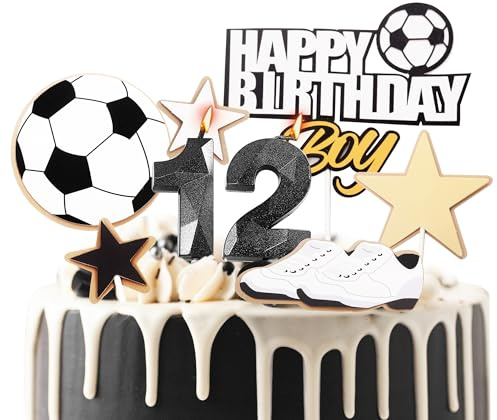 12th Birthday Candles, Black Number 12 Happy Birthday Candles, Boys He Football Cake Topper Decorations for 12 Year Old Birthday Party Football Theme Anniversary Celebration Supply Black