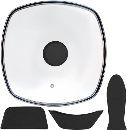Square Glass Lid for Grill Pans with Steam Vent Hole - Fits Lodge Cast Iron Skillets 26.67cm - Square Tempered Glass Lid - Not Universal - With Silicone Holders