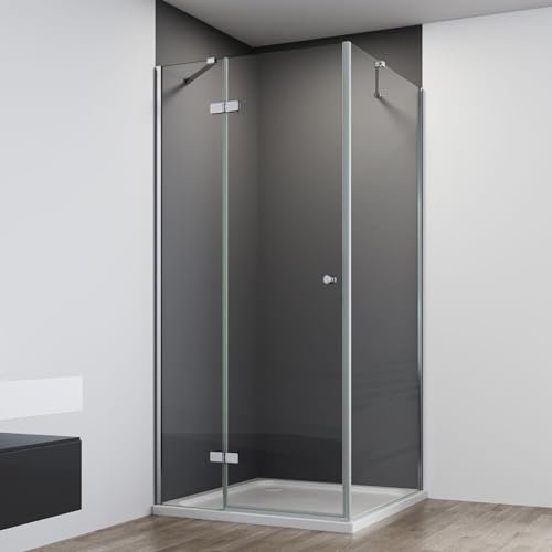 IMPTS Duschkabine 90X90cm Eckeinstieg mit Diagonalen Sicherheitsstange, Falttür mit Seitenwand Faltbar KlappbarDuschabtrennung 6mm ESG Glas Höhe 185 cm, OHNE Duschwanne und Ablaufgarnitur