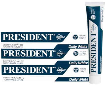 President KIT 3 DENTIFRICIO WHITE ad Azione Sbiancante, antiplacca, antitartaro e anti ingiallimento dei denti. Rinfrescante con Aroma di Menta Piemontese. RDA 85. 3x75ml
