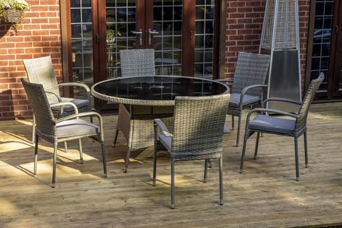 Signature Homes and Gardens SH&G Heaton 6 Seat Dining Table Set | 7 Piece Round Table & Chairs | Grey Rattan with Grey Cushions | Indoor & Outdoor