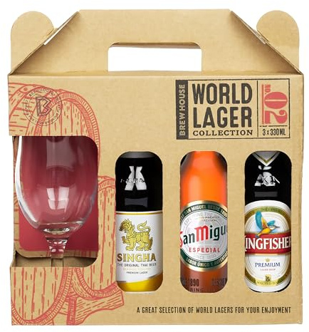 Brew House World Lager Selection Gift Box, includes 3x330ml Lagers and Chalice Glass, Gift Set for Lager Lovers, Premium Packaging for Birthdays and Christmas