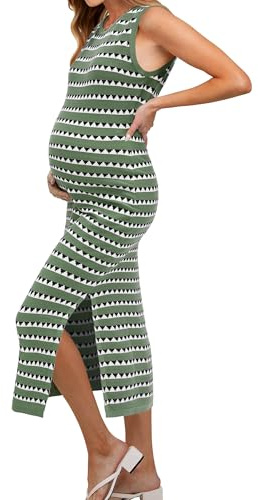 OUGES Women's 2026 Summer Maternity Dress for Photoshoot Baby Shower Midi Dress Sleeveless Crewneck Side Slit Bodycon Striped Knit Sweater Dress(Gray Green White Striped,M)