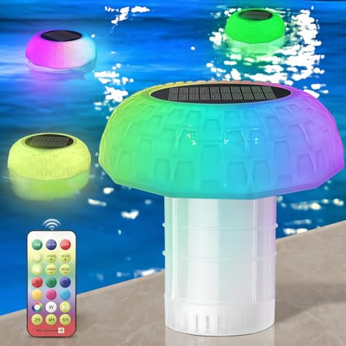 Qoolife Grande Galleggiante dosatore per Fino a 4 compresse di Cloro, Luce Solare, a LED, 7 Colori, per Piscina, con Telecomando, Regolabile, Pieghevole, dosatore di Cloro