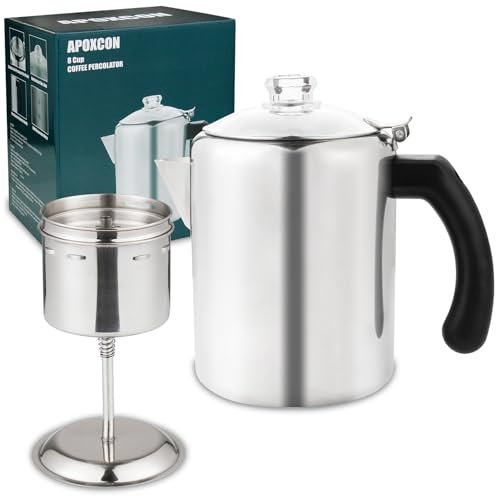 APOXCON Coffee Percolator Pot Stainless Steel Coffee Maker with Heat Resistant Tough Glass Knob Camping Coffee Pot Using on any Stovetop Silver 8 Cup