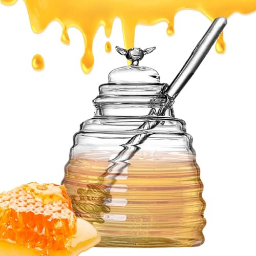 Honey Jar With Dipper And Lid, 500ml Honey Bee Pot Clear Glass Honey Jar Glass Honey Pot Resistant Glass Honey Dispenser For Dispensing Honey And Syrup