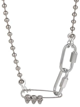 Niaspi Punk Link Ball Chain Choker Collar Necklace for Women Men Unisex Silvery Fashion Safety Pin Skull Head Statement Pendant Necklace Unique Trendy Chunky Jewelry