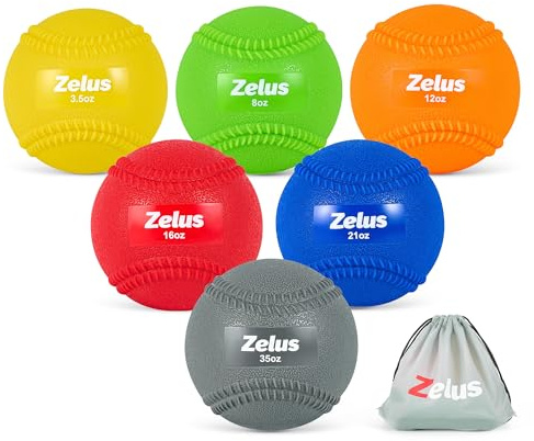 ZELUS Weighted Baseball Set with Seams for Hitting Pitching, 3.5 8 12 16 21 35 oz Plyometric Baseballs with Carry Bag