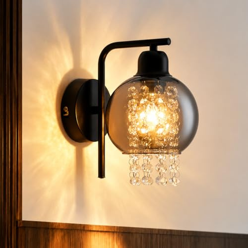 ZMH Wandleuchte Innen Wandlampe Vintage - Rauchgrau Glaskugel Flurlampe E27 Retro Wandbeleuchtung 1 Flammig Glas Kristall Design für Bett Flur Wohnzimmer Treppenhaus(Ohne Leuchtmittel)