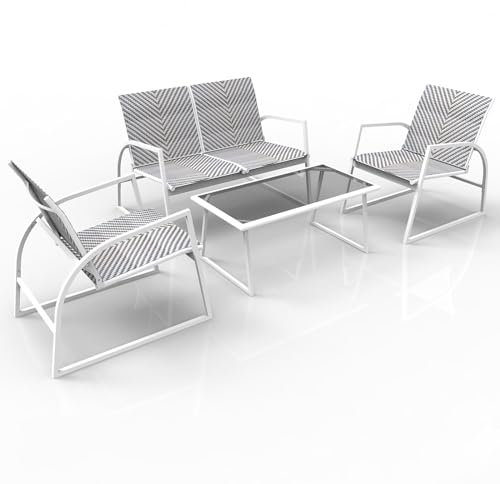 RANSENERS 4-Teilig Gartenmöbelset Kompakt Sofagarnitur - Stabiler Metallrahmen mit Polyrattan Sitzfläche Balkonmöbelset für Garten Terrasse und Balkon - Weiß