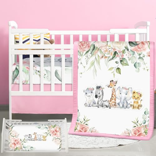 Hahafelt 3 Pcs Baby Crib Bedding Set Safari Animals Dinosaurs Bear Woodland Animals Jungle Crib Set Includes Quilt, Fitted Sheet, Skirt for Baby Boy Girl(Pink,Safari)