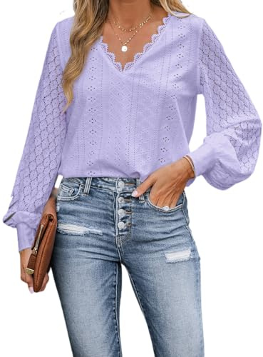CUPSHE Camicetta da Donna con Pizzo Intagliato e Orlo Smerlato, Maniche Lunghe in Pizzo, Scollo a V, Polsini a Fascia, Elegante e Chic