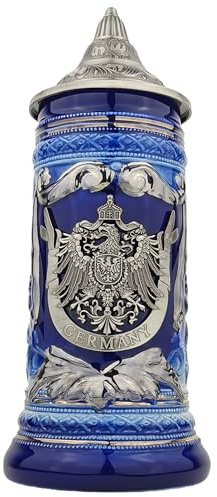 EVERSTYLE Bierkrug mit Deckel 0,7L – Steinkrug mit Spitzdeckel & Metallmontur „Germany“-Motiv – Geschenkidee für Männer, Vater & Bierliebhaber (Blau)