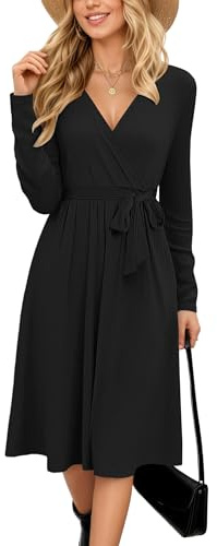 MOLERANI Women Long Sleeve Dress Winter V Neck Ladies Dress Midi Lightwight Casual Jumper Dresses with Pockets Black S
