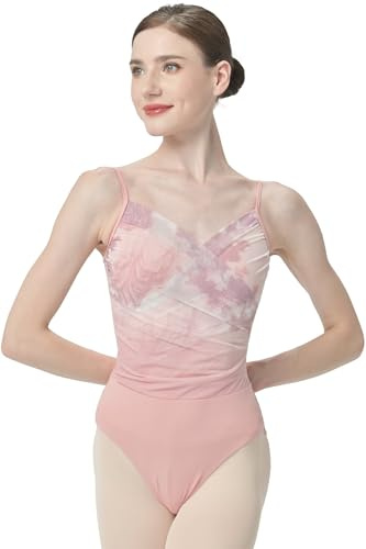s.lemon Ballettanzug für Erwachsene Mädchen V-Ausschnitt Tanzbekleidung Camisole, Spaghettiträger geblümter Tanzanzug, Rosa, Vollfutter, Netzrücken