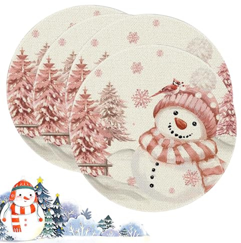 Platzset Weihnachten, ZoneYan 4er Set Tischset Schneemann, Platzset Rund Leinen, Tischset Waschbar, Tischsets Weihnachten, für Küche Party Deko
